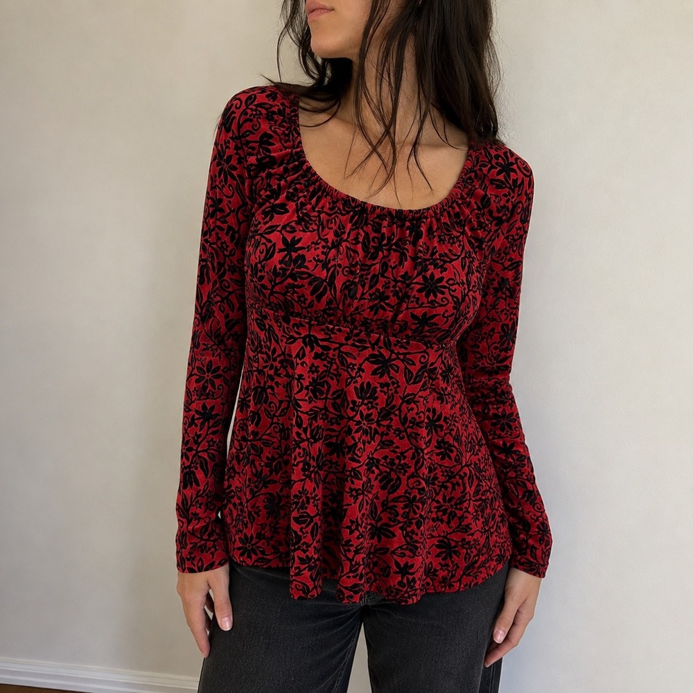 Sundance Red Velvet Touch Party Tee Floral Burnout Top Medium Whimsigoth Holiday